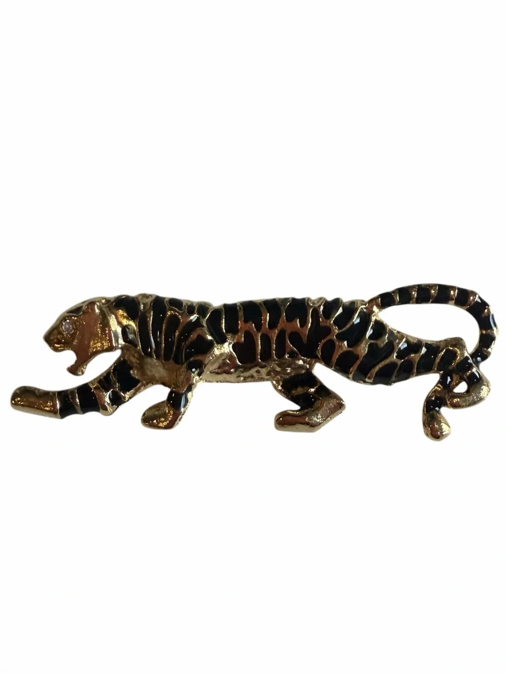 Vintage Gold Tone Black Enamel Panther Leopard Brooch Rhinestone Eye Wildlife